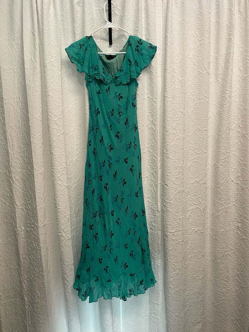 Vintage Majick Green Floral Ruffle Flutter Sleeve Rayon Maxi Dress Whimsigoth